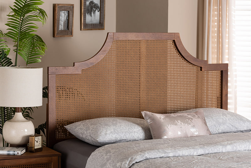 Abilene Mid-Century Modern Ash Walnut Finished Wood and Rattan Queen Size Headboard