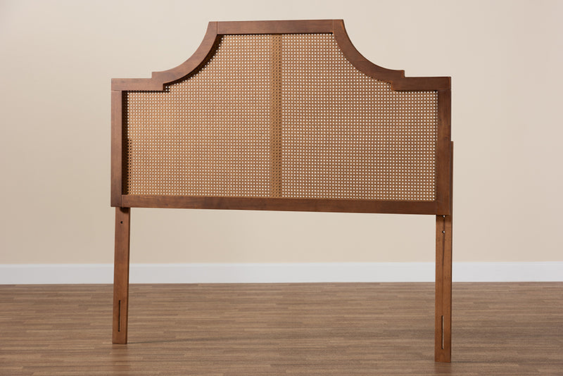 Abilene Mid-Century Modern Ash Walnut Finished Wood and Rattan Queen Size Headboard