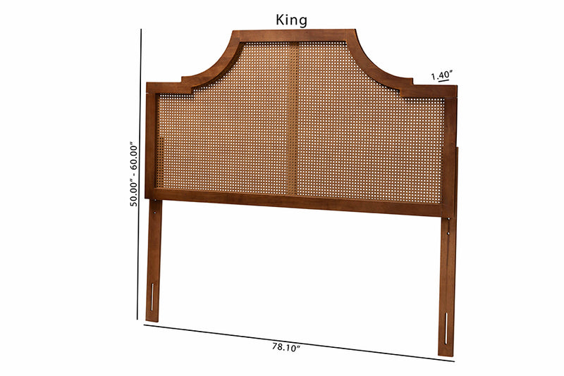 Abilene Mid-Century Modern Ash Walnut Finished Wood and Rattan King Size Headboard