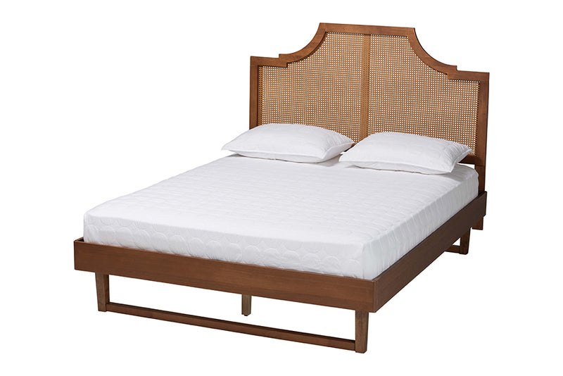 Bella Mid-Century Modern Ash Walnut Woven Rattan King Size Bed