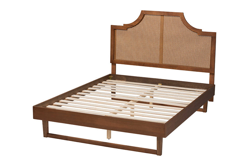 Bella Ash Walnut Woven Rattan Queen Size Bed Baxton