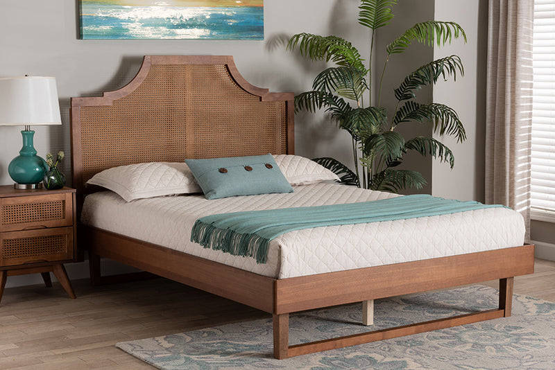 Bella Mid-Century Modern Ash Walnut Woven Rattan King Size Bed