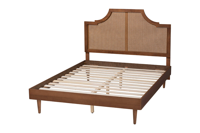 Delia Mid-Century Modern Ash Walnut Woven Rattan King Size Bed