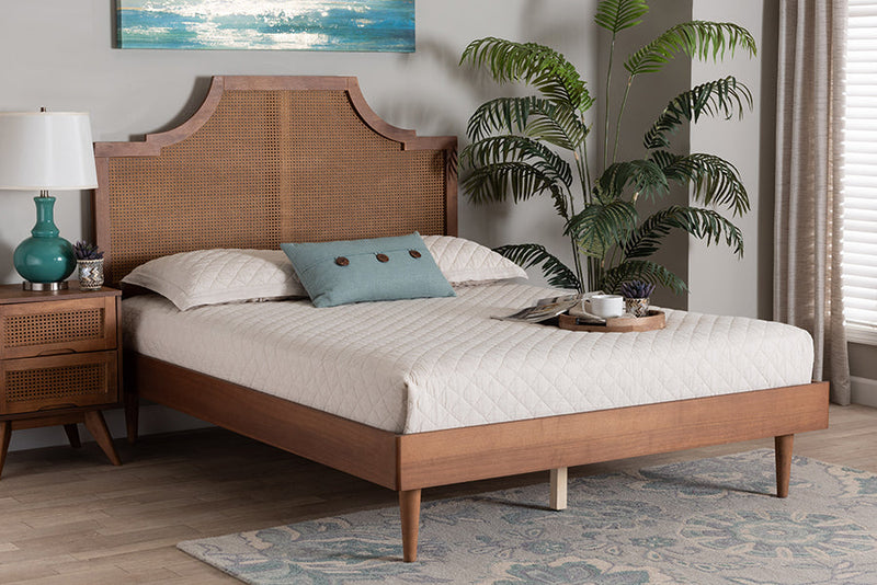 Delia Ash Walnut Woven Rattan Queen Size Bed Baxton