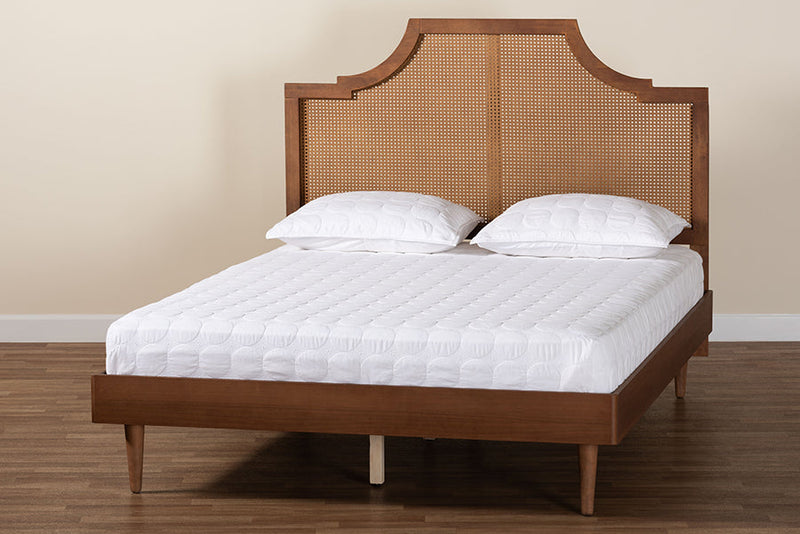 Delia Ash Walnut Woven Rattan Queen Size Bed Baxton