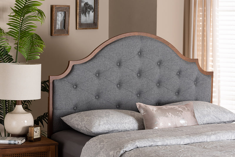 Sandra Classic and Traditional Gray Fabric and Walnut Brown Finished Wood Queen Size Headboard