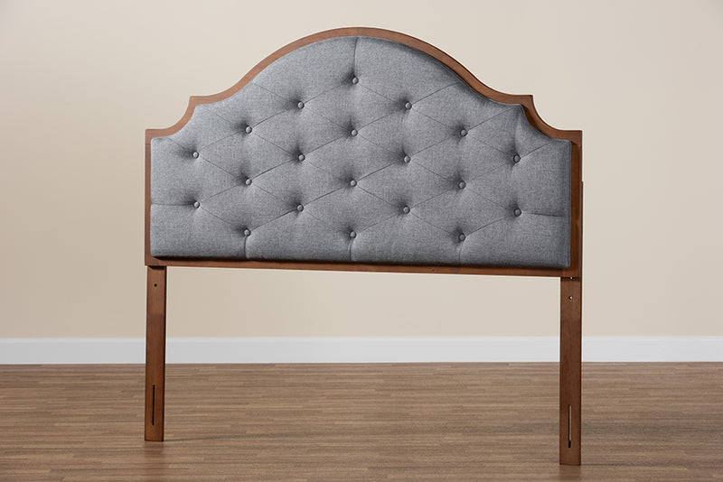 Sandra Classic and Traditional Gray Fabric and Walnut Brown Finished Wood Queen Size Headboard