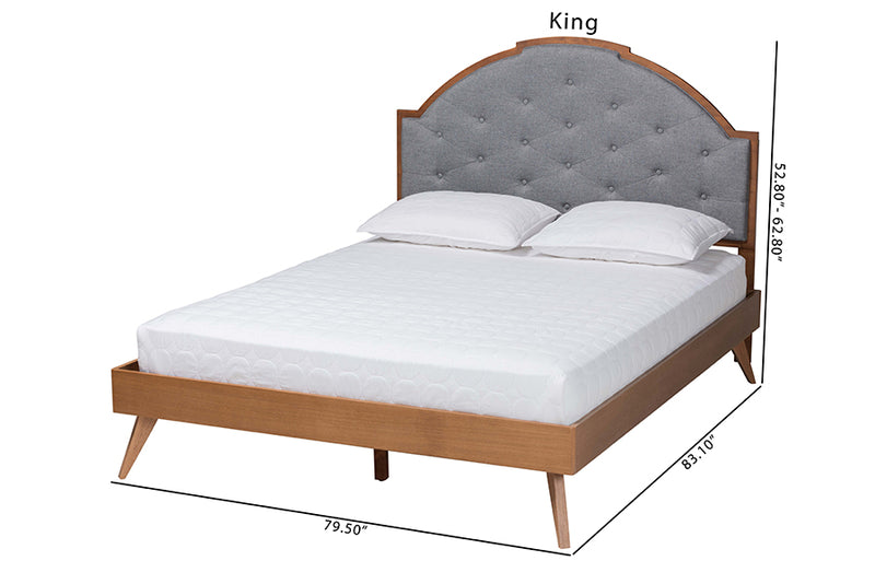 Arta Mid-Century Modern Gray Fabric and Walnut Brown Wood King Size Platform Bed