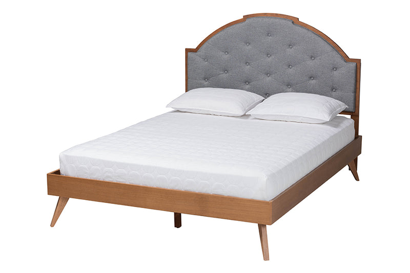 Arta Mid-Century Modern Gray Fabric and Walnut Brown Wood King Size Platform Bed