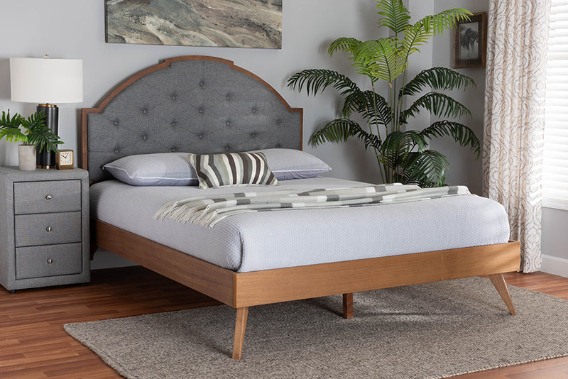 Arta Mid-Century Modern Gray Fabric and Walnut Brown Wood King Size Platform Bed