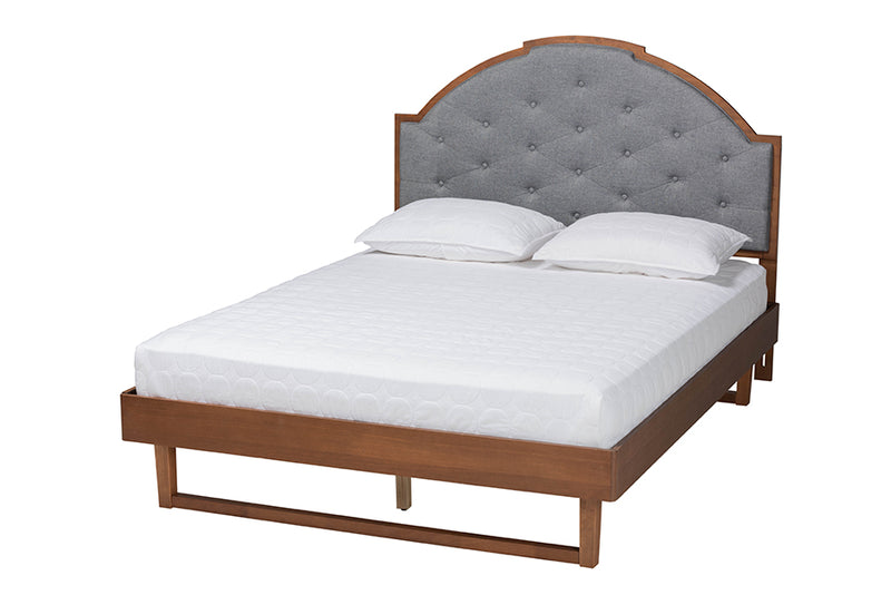 Allegra Mid-Century Modern Gray Fabric and Walnut Brown Wood King Size Platform Bed