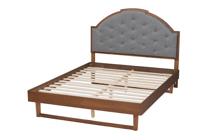 Allegra Gray Fabric and Walnut Brown Wood Queen Size Platform Bed Baxton