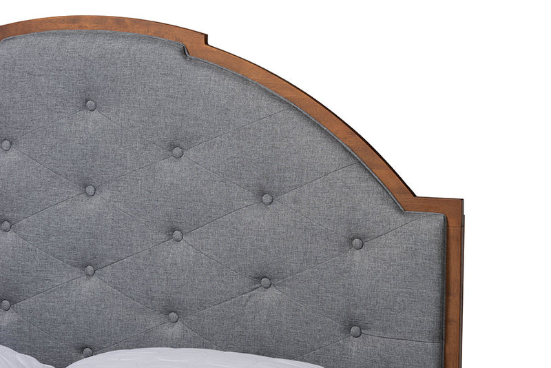 Allegra Gray Fabric and Walnut Brown Wood Queen Size Platform Bed Baxton
