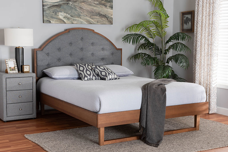 Allegra Mid-Century Modern Gray Fabric and Walnut Brown Wood King Size Platform Bed