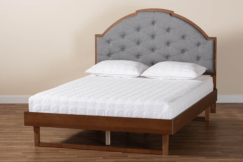Allegra Gray Fabric and Walnut Brown Wood Queen Size Platform Bed Baxton