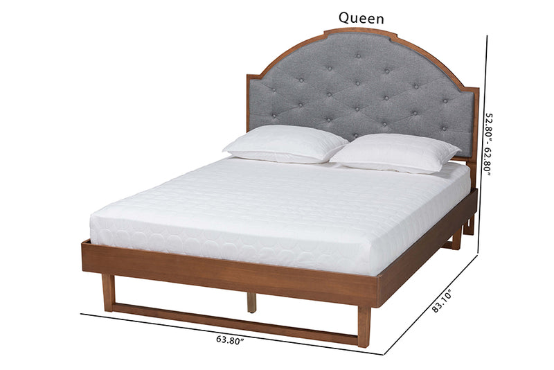 Allegra Mid-Century Modern Gray Fabric and Walnut Brown Wood King Size Platform Bed