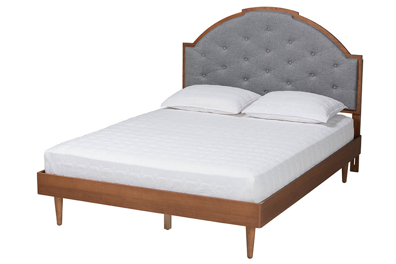 Honora Mid-Century Modern Gray Fabric and Walnut Brown Wood King Size Platform Bed