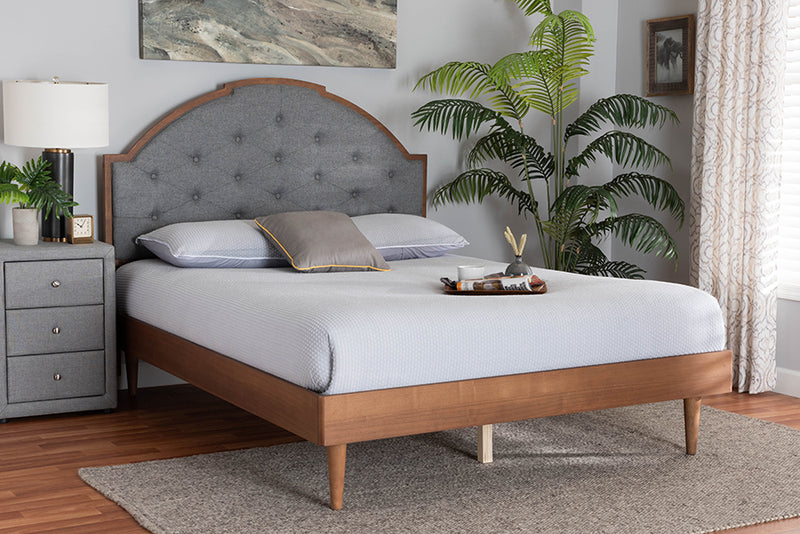 Honora Mid-Century Modern Gray Fabric and Walnut Brown Wood King Size Platform Bed