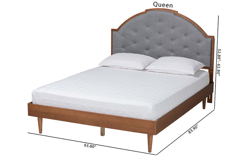 Honora Mid-Century Modern Gray Fabric and Walnut Brown Wood King Size Platform Bed