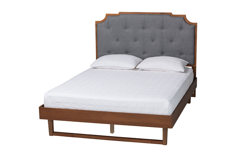 Acelynn Mid-Century Gray Fabric and Walnut Brown Wood Queen Size Platform Bed