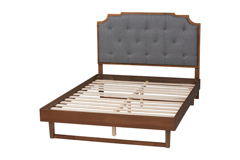 Acelynn Gray Fabric and Walnut Brown Wood Queen Size Platform Bed Baxton