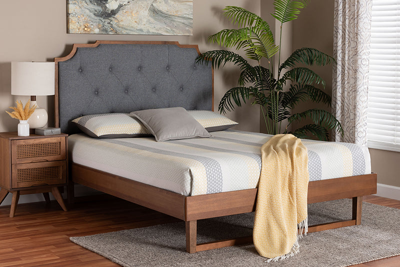 Acelynn Mid-Century Gray Fabric and Walnut Brown Wood Queen Size Platform Bed