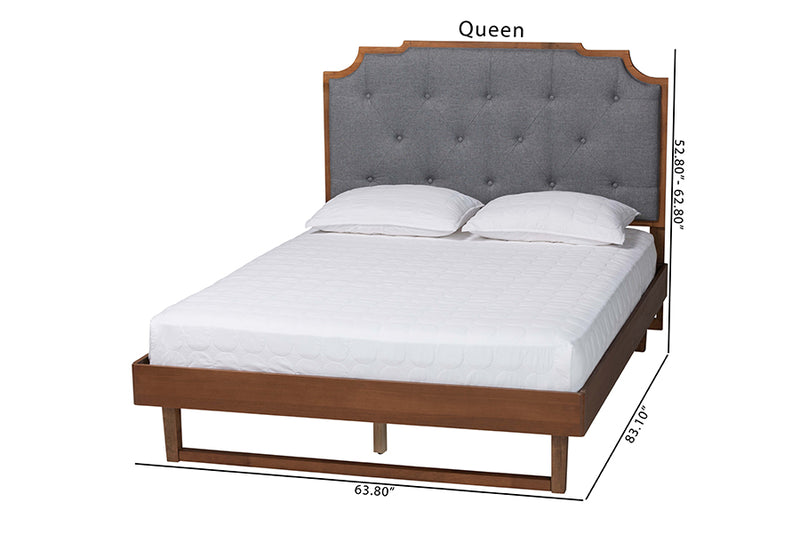 Acelynn Mid-Century Gray Fabric and Walnut Brown Wood Queen Size Platform Bed