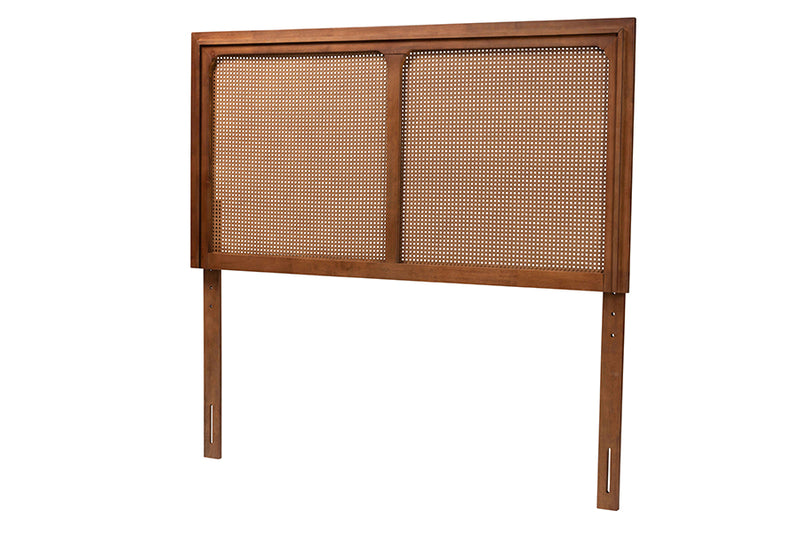 Lavali Mid-Century Modern Ash Walnut Finished Wood Queen Size Headboard w/Rattan