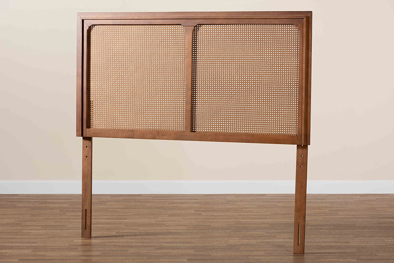 Lavali Mid-Century Modern Ash Walnut Finished Wood Queen Size Headboard w/Rattan