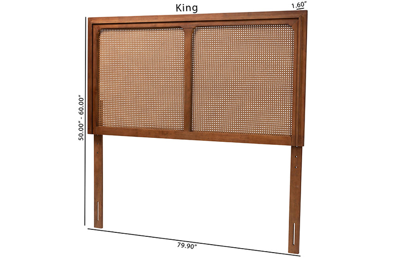 Lavali Mid-Century Modern Ash Walnut Finished Wood Queen Size Headboard w/Rattan