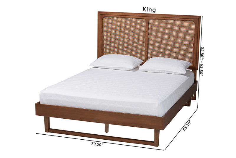 Milo Mid-Century Modern Ash Walnut Woven Rattan King Size Bed