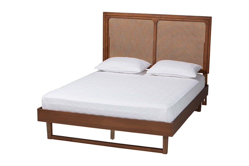 Milo Mid-Century Modern Ash Walnut Woven Rattan King Size Bed