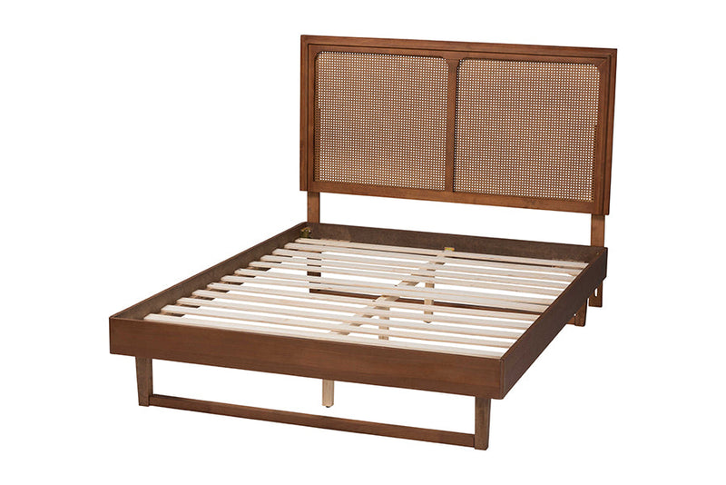 Milo Ash Walnut Woven Rattan Queen Size Bed Baxton