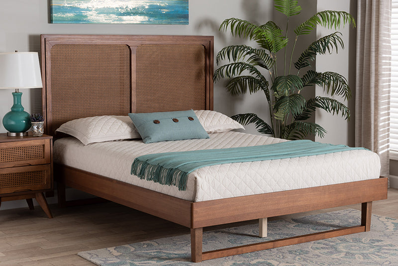 Milo Mid-Century Modern Ash Walnut Woven Rattan King Size Bed