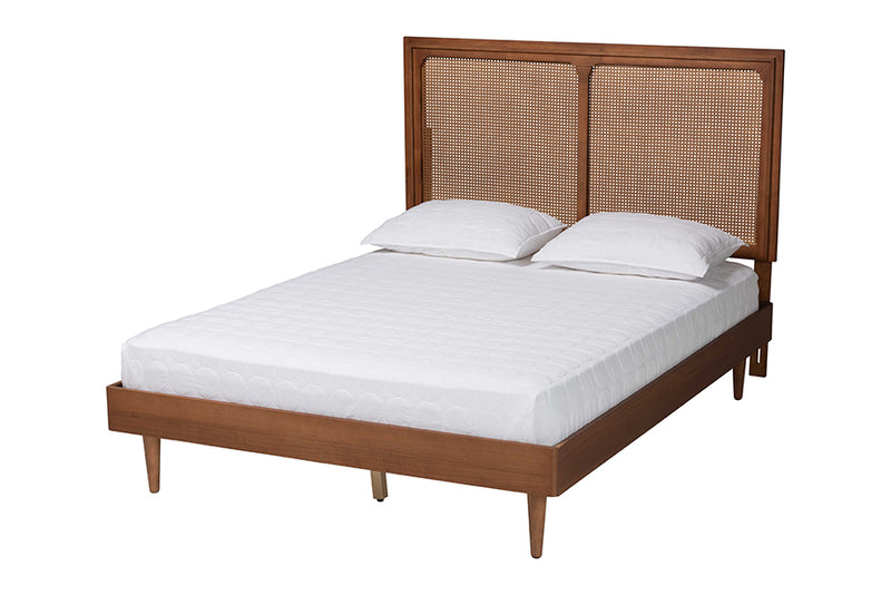 Eleni Mid-Century Modern Ash Walnut Woven Rattan Queen Size Bed