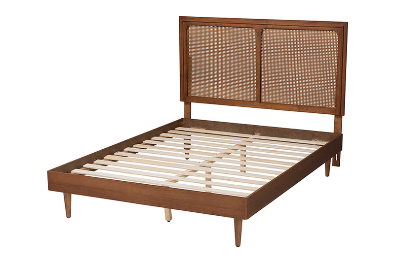 Eleni Mid-Century Modern Ash Walnut Woven Rattan Queen Size Bed