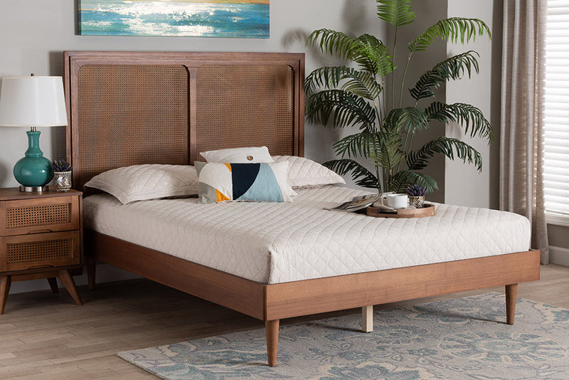 Eleni Ash Walnut Woven Rattan Queen Size Bed Baxton