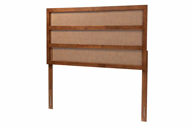 Mana Mid-Century Modern Ash Walnut Finished Wood Queen Size Headboard w/Rattan