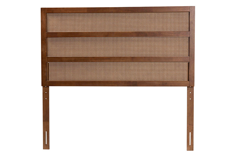 Mana Mid-Century Modern Ash Walnut Finished Wood Queen Size Headboard w/Rattan