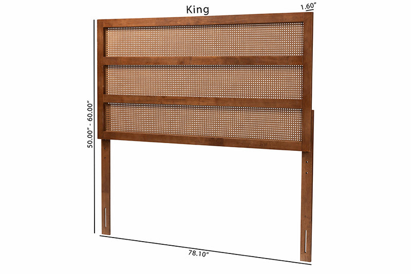 Mana Mid-Century Modern Ash Walnut Finished Wood Queen Size Headboard w/Rattan