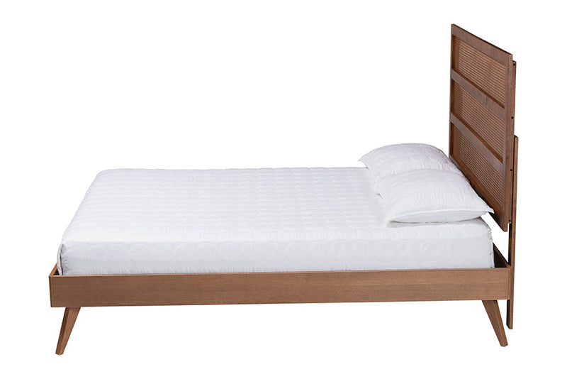 Addis Walnut Brown Queen Size Platform Bed w/Woven Rattan Baxton
