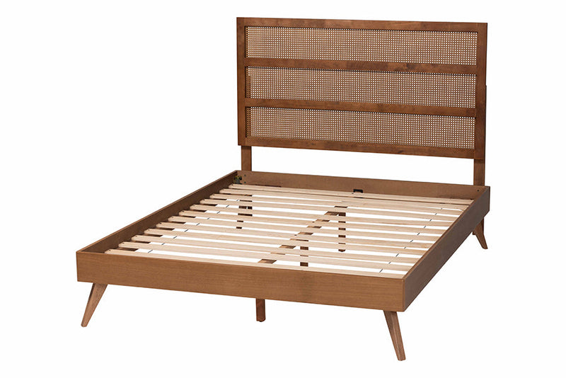 Addis Walnut Brown Queen Size Platform Bed w/Woven Rattan Baxton
