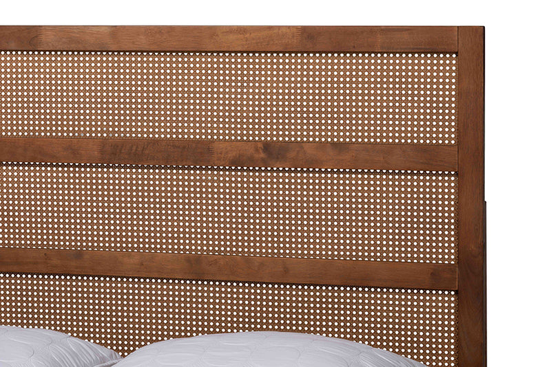 Addis Mid-Century Walnut Brown Finished Wood King Size Platform Bed w/Woven Rattan