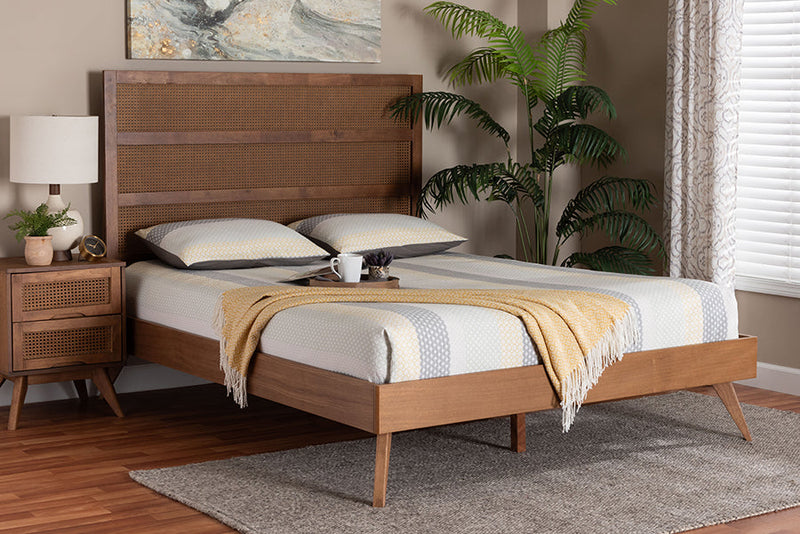Addis Walnut Brown Queen Size Platform Bed w/Woven Rattan Baxton
