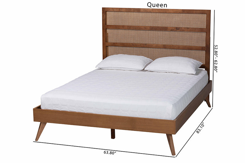 Addis Mid-Century Walnut Brown Finished Wood Queen Size Platform Bed w/Woven Rattan