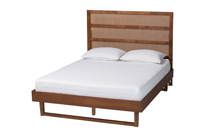 Blanchard Mid-Century Walnut Brown Finished Wood King Size Platform Bed w/Woven Rattan