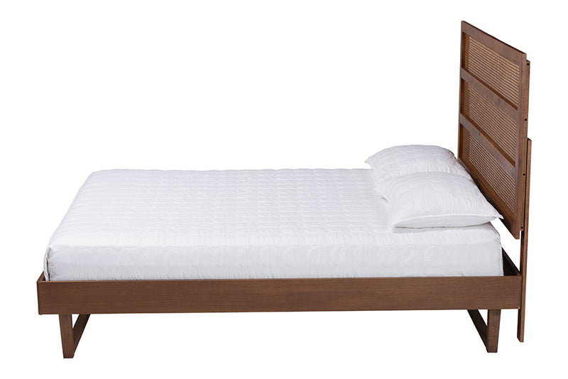 Blanchard Walnut Brown Queen Size Platform Bed w/Woven Rattan Baxton