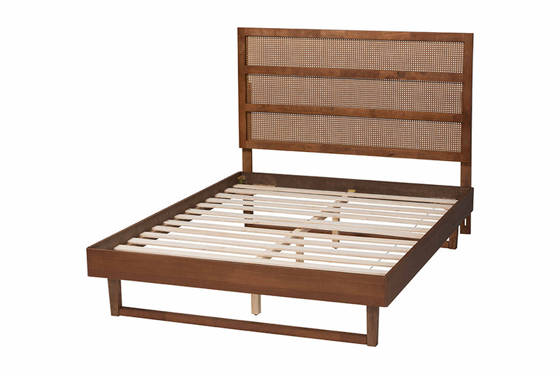 Blanchard Mid-Century Walnut Brown Finished Wood King Size Platform Bed w/Woven Rattan