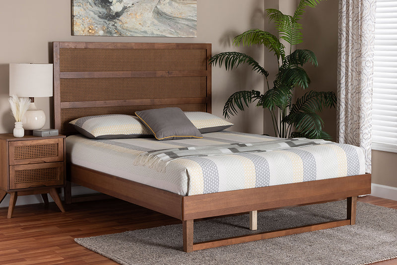 Blanchard Mid-Century Walnut Brown Finished Wood King Size Platform Bed w/Woven Rattan