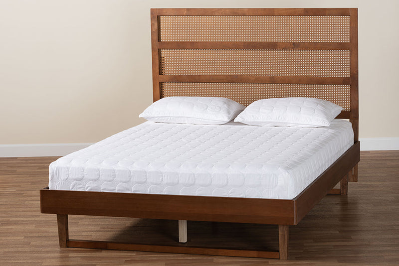 Blanchard Walnut Brown Queen Size Platform Bed w/Woven Rattan Baxton